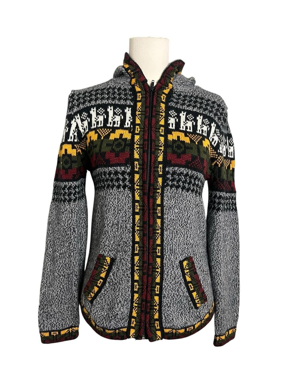 Creajifa Alpaca Wool Hooded Sweater Womens Medium Gray Fair Isle Ecuador Andean